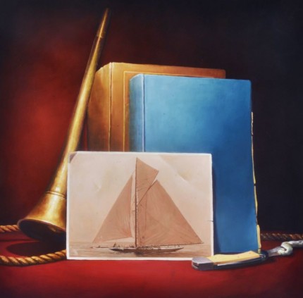 “Full Sail” Oil on panel, 15.25 x 15.5 inches, Custom-made wood frame