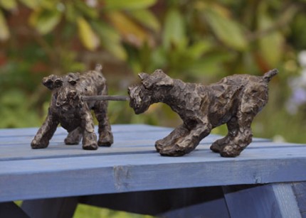 “The Great Game” Schnauzer, Bronze resin, 5 x 16 x 7 inches