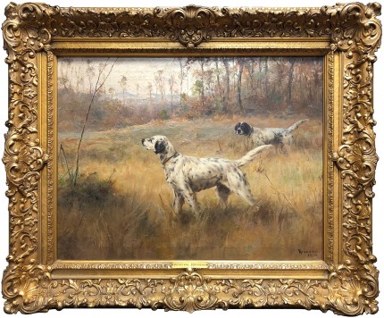 “Two Dogs in the Field” Oil on canvas, 22 x 29 inches (31.5 x 38.5 framed), Signed & Dated 1919 lower right