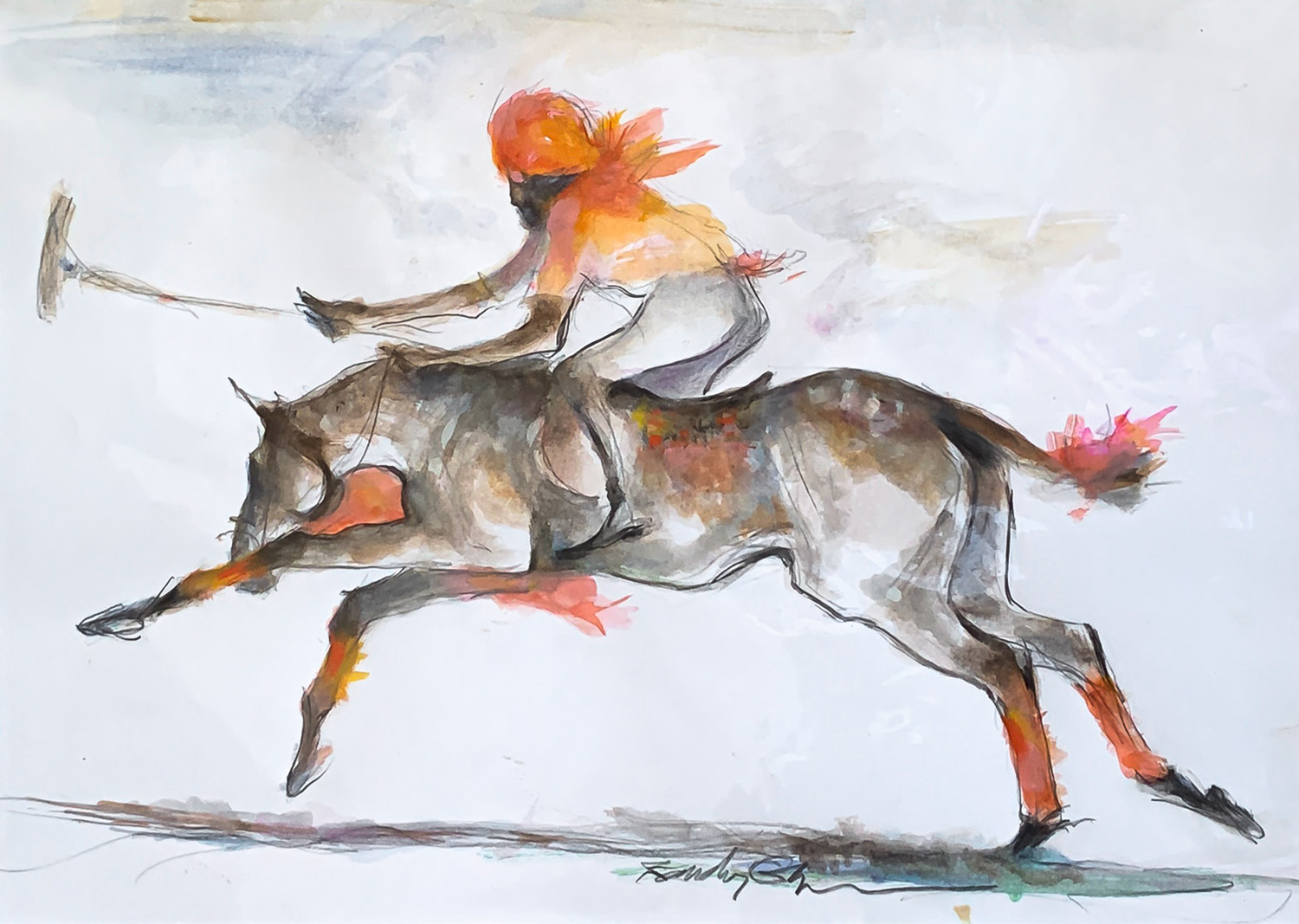 “Indian Polo Player” Mixed media, 9 x 12 inches,14 x 18 inches with mat, Signed
